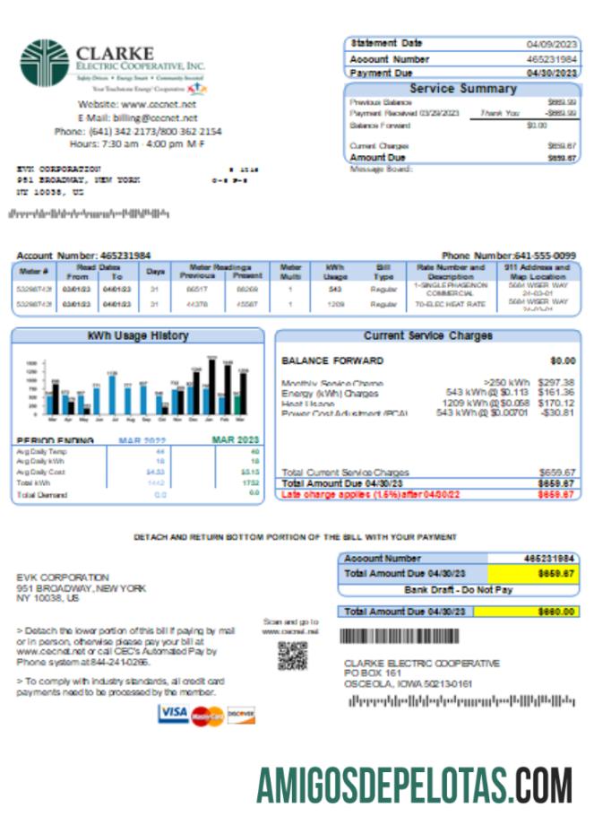 Projeto de lei de negócios de serviços públicos da Clarke Electric Co Op Inc, SCR modelo
